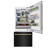 ZLINE Autograph Edition 36-Inch 19.8 cu. ft. Built-In Bottom Freezer Refrigerator with Water Dispenser and Ice Maker in Black Stainless Steel and Polished Gold Accents (RBITZ-BS-36-G)