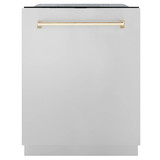 ZLINE 4-Piece Appliance Package - 30-Inch Gas Range, Hood, Refrigerator with Water Dispenser, and Dishwasher in Stainless Steel with Gold Accents