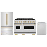 ZLINE 3-Piece Appliance Package - 48-Inch Dual Fuel Range, Refrigerator, and Dishwasher in Stainless Steel with Champagne Bronze Accents