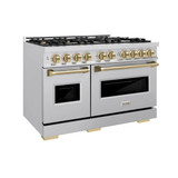 ZLINE 3-Piece Appliance Package - 48-Inch Dual Fuel Range, Refrigerator, and Dishwasher in Stainless Steel with Champagne Bronze Accents