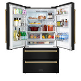 ZLINE 4-Piece Appliance Package - 48-Inch Dual Fuel Range, Hood, Refrigerator, and Dishwasher in Black Stainless Steel with Gold Accents