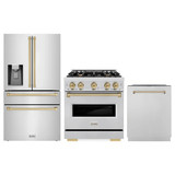 ZLINE 3-Piece Appliance Package - 30-Inch Gas Range, Refrigerator with Water Dispenser, and Dishwasher in Stainless Steel with Champagne Bronze Accents