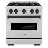 ZLINE 3-Piece Appliance Package - 30-Inch Gas Range, Refrigerator with Water Dispenser, and Dishwasher in Stainless Steel with Matte Black Accents