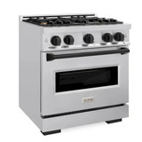 ZLINE 3-Piece Appliance Package - 30-Inch Gas Range, Refrigerator with Water Dispenser, and Dishwasher in Stainless Steel with Matte Black Accents