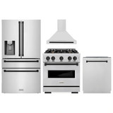 ZLINE 4-Piece Appliance Package - 30-Inch Gas Range, Hood, Refrigerator with Water Dispenser, and Dishwasher in Stainless Steel with Matte Black Accents