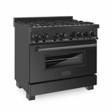 ZLINE 3-Piece Appliance Package - 36-inch Dual Fuel Range with Brass Burners, Convertible Wall Mount Hood & 24-inch Microwave Oven in Black Stainless Steel (3KP-RABRHMWO-36)