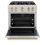ZLINE 3-Piece Appliance Package - 30-Inch Gas Range, Refrigerator with Water Dispenser, and Dishwasher in Stainless Steel with Gold Accents