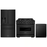 ZLINE 3-Piece Appliance Package - 36-Inch Gas Range, Refrigerator with Water Dispenser, and Dishwasher in Black Stainless Steel