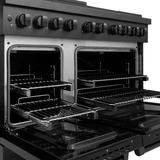 ZLINE 4-Piece Appliance Package - 48-Inch Gas Range, Refrigerator, Convertible Wall Mount Hood, and Microwave Oven in Black Stainless Steel (4KPR-SGRBRH48-MWO)