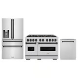 ZLINE 3-Piece Appliance Package - 48-Inch Dual Fuel Range, Refrigerator with Water Dispenser, and Dishwasher in Stainless Steel with Matte Black Accents