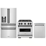 ZLINE 3-Piece Appliance Package - 30-Inch Dual Fuel Range, Refrigerator with Water Dispenser, and Dishwasher in Stainless Steel with Matte Black Accents