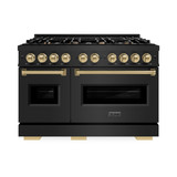 ZLINE 4-Piece Appliance Package - 48-Inch Gas Range, Hood, Refrigerator with Water Dispenser, and Dishwasher in Black Stainless Steel with Champagne Bronze Accents