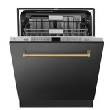 ZLINE 4-Piece Appliance Package - 48-Inch Gas Range, Hood, Refrigerator with Water Dispenser, and Dishwasher in Black Stainless Steel with Champagne Bronze Accents