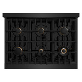 ZLINE 4-Piece Appliance Package - 36-Inch Gas Range, Hood, Refrigerator, and Dishwasher in Black Stainless Steel with Champagne Bronze Accents