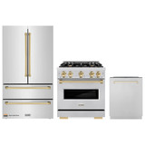 ZLINE 3-Piece Appliance Package - 30-Inch Gas Range, Refrigerator, and Dishwasher in Stainless Steel with Gold Accents