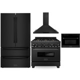 ZLINE 4-Piece Appliance Package - 36-Inch Dual Fuel Range with Brass Burners, Refrigerator, Convertible Wall Mount Hood, and Microwave Oven in Black Stainless Steel (4KPR-RABRH36-MWO)
