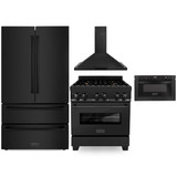 ZLINE 4-Piece Appliance Package - 30-Inch Dual Fuel Range with Brass Burners, Refrigerator, Convertible Wall Mount Hood, and Microwave Drawer in Black Stainless Steel (4KPR-RABRH30-MW)