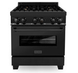 ZLINE 4-Piece Appliance Package - 30-Inch Dual Fuel Range with Brass Burners, Refrigerator, Convertible Wall Mount Hood, and Microwave Drawer in Black Stainless Steel (4KPR-RABRH30-MW)