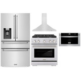 ZLINE 4-Piece Appliance Package - 30-Inch Gas Range, Refrigerator with Water Dispenser, Convertible Wall Mount Hood, and Microwave Drawer in Stainless Steel (4KPRW-SGRRH30-MWD)