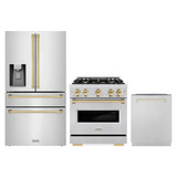 ZLINE 3-Piece Appliance Package - 30-Inch Dual Fuel Range, Refrigerator with Water Dispenser, and Dishwasher in Stainless Steel with Gold Accents