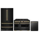 ZLINE 3-Piece Appliance Package - 48-Inch Dual Fuel Range, Refrigerator, and Dishwasher in Black Stainless Steel with Champagne Bronze Accents
