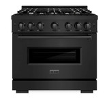 ZLINE 4-Piece Appliance Package - 36-Inch Gas Range, Hood, Refrigerator with Water Dispenser, and Dishwasher in Black Stainless Steel