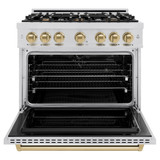 ZLINE 4-Piece Appliance Package - 36-Inch Dual Fuel Range, Hood, Refrigerator with Water Dispenser, and Dishwasher in Stainless Steel with Champagne Bronze Accents