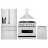 ZLINE 4-Piece Appliance Package - 36-Inch Dual Fuel Range, Hood, Refrigerator with Water Dispenser, and Dishwasher in Stainless Steel