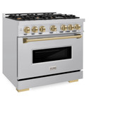 ZLINE 3-Piece Appliance Package - 36-Inch Gas Range, Refrigerator with Water Dispenser, and Dishwasher in Stainless Steel with Champagne Bronze Accents