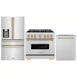 ZLINE 3-Piece Appliance Package - 36-Inch Gas Range, Refrigerator with Water Dispenser, and Dishwasher in Stainless Steel with Champagne Bronze Accents