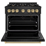 ZLINE 4-Piece Appliance Package - 36-Inch Gas Range, Hood, Refrigerator, and Dishwasher in Black Stainless Steel with Gold Accents