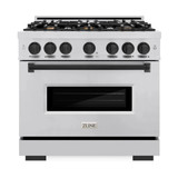 ZLINE 3-Piece Appliance Package - 36-Inch Gas Range, Refrigerator with Water Dispenser, and Dishwasher in Stainless Steel with Matte Black Accents