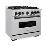 ZLINE 3-Piece Appliance Package - 36-Inch Gas Range, Refrigerator with Water Dispenser, and Dishwasher in Stainless Steel with Matte Black Accents