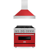 ZLINE 2-Piece Appliance Package - 36-inch Dual Fuel Range & Premium Hood in Satin Stainless Steel with Red Matte (2KP-RASRMRH36)