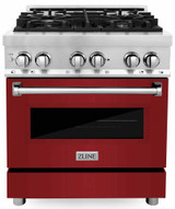 ZLINE 2-Piece Appliance Package - 30-inch Dual Fuel Range with Red Gloss Door and Convertible Vent Range Hood in Stainless Steel (2KP-RARGRH30)