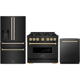 ZLINE 3-Piece Appliance Package - 36-Inch Dual Fuel Range, Refrigerator with Water Dispenser, and Dishwasher in Black Stainless Steel with Gold Accents