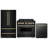 ZLINE 3-Piece Appliance Package - 36-Inch Gas Range, Refrigerator, and Dishwasher in Black Stainless Steel with Gold Accents