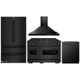 ZLINE 4-Piece Appliance Package - 48-Inch Gas Range, Hood, Refrigerator, and Dishwasher in Black Stainless Steel