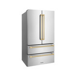 ZLINE 4-Piece Appliance Package - 36-Inch Gas Range, Hood, Refrigerator, and Dishwasher in Stainless Steel with Champagne Bronze Accents