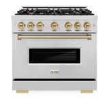 ZLINE 4-Piece Appliance Package - 36-Inch Gas Range, Hood, Refrigerator, and Dishwasher in Stainless Steel with Champagne Bronze Accents