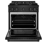 ZLINE 4-Piece Appliance Package - 30-Inch Gas Range, Refrigerator with Water Dispenser, Convertible Wall Mount Hood, and Microwave Drawer in Black Stainless Steel (4KPRW-SGRBRH30-MWD)