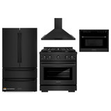 ZLINE 4-Piece Appliance Package - 30-Inch Gas Range, Refrigerator, Convertible Wall Mount Hood, and Microwave Oven in Black Stainless Steel (4KPR-SGRBRH30-MWO)