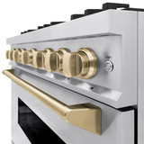 ZLINE 4-Piece Appliance Package - 36-Inch Gas Range, Hood, Refrigerator with Water Dispenser, and Dishwasher in Stainless Steel with Champagne Bronze Accents