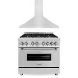ZLINE 2-Piece Appliance Package - 36-inch Dual Fuel Range in Stainless Steel with Satin Stainless Steel Door and Convertible Wall Mount Hood in Stainless Steel (2KP-RASNRH36)