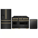 ZLINE 3-Piece Appliance Package - 48-Inch Gas Range, Refrigerator with Water Dispenser, and Dishwasher in Black Stainless Steel with Champagne Bronze Accents