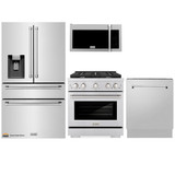 ZLINE 4-Piece Appliance Package - 30-Inch Gas Range, Refrigerator with Water Dispenser, Tall Tub Dishwasher, & Over-the-Range Microwave in Stainless Steel (4KPRW-SGROTRH30-DWV)