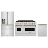 ZLINE 3-Piece Appliance Package - 48-Inch Dual Fuel Range, Refrigerator with Water Dispenser, and Dishwasher in Stainless Steel with Gold Accents