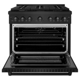 ZLINE 4-Piece Appliance Package - 36-Inch Gas Range, Refrigerator, Convertible Wall Mount Hood, and 3-Rack Dishwasher in Black Stainless Steel (4KPR-SGRBRH36-DWV)