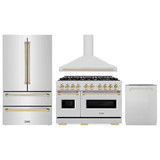 ZLINE 4-Piece Appliance Package - 48-Inch Gas Range, Hood, Refrigerator, and Dishwasher in Stainless Steel with Gold Accents