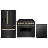 ZLINE 3-Piece Appliance Package - 36-Inch Gas Range, Refrigerator with Water Dispenser, and Dishwasher in Black Stainless Steel with Champagne Bronze Accents